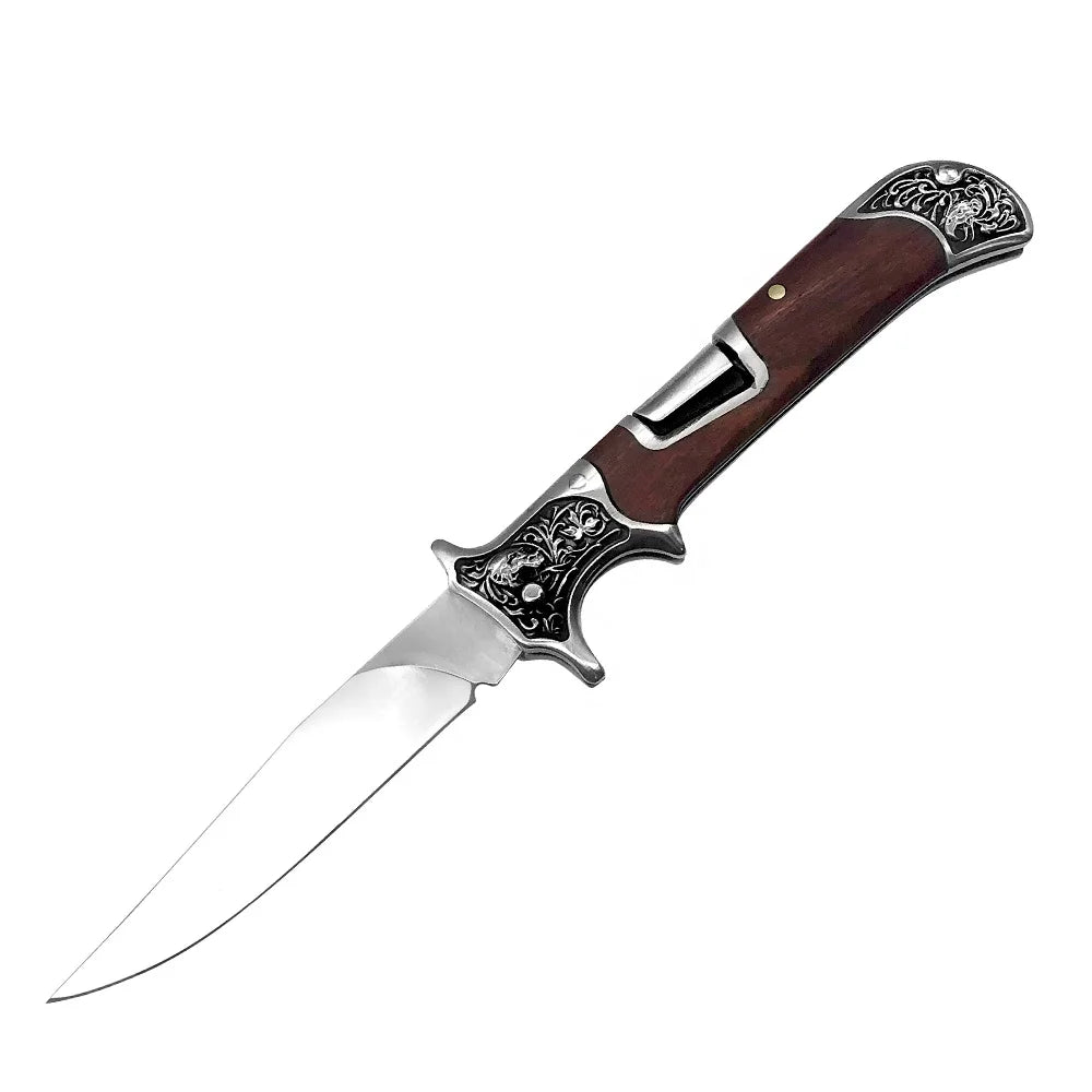 Hunting Camping Pocket Folding Knife with Stainless Steel Blade Push Button Style for Combat Use Wood Handle
