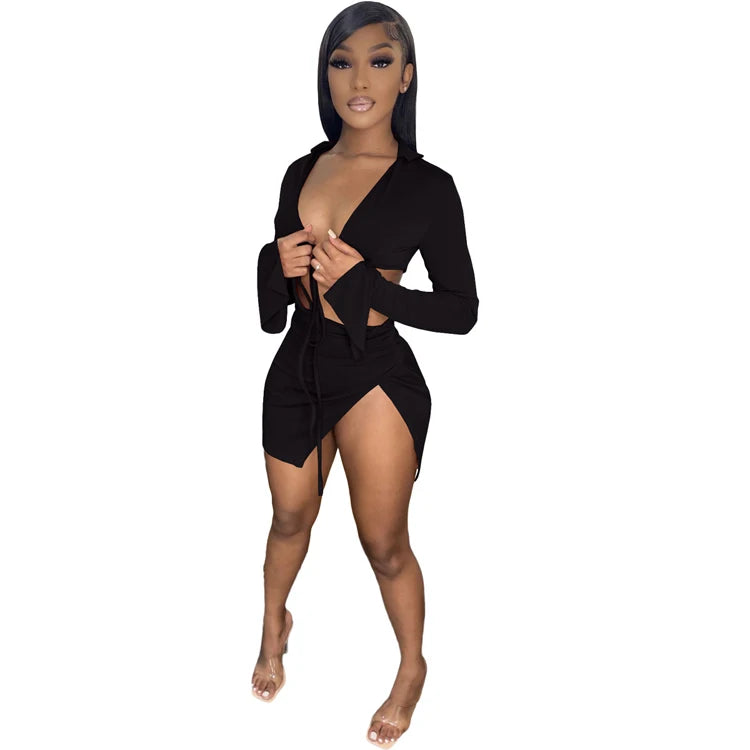 Summer Bandage Long Sleeved Sunscreen Women Two Piece Sets Sexy Split Skirt Plain Sets Women