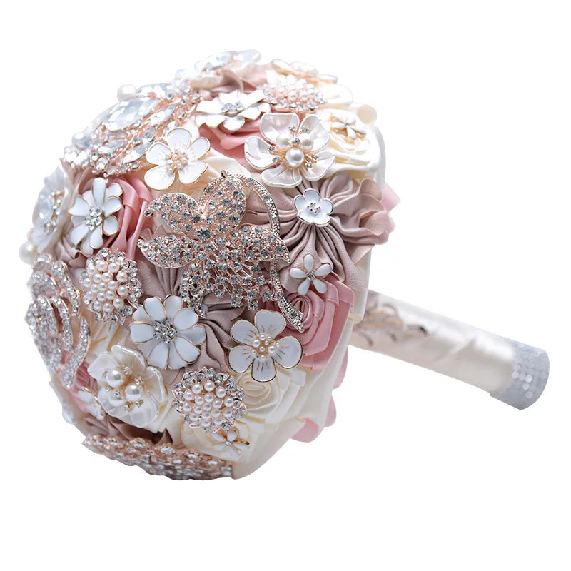 O-X662 Wholesale Hot Sale Bling Satin Crystal Rose Flower Handmade Wedding Pearl Bridal Bouquet