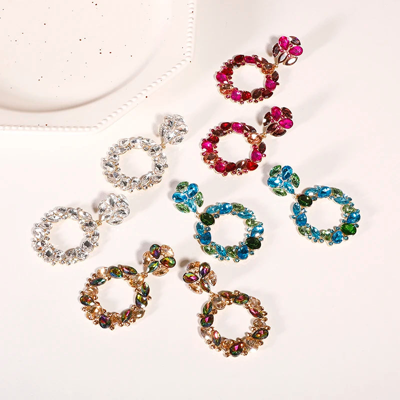 Wholesale Women Glass Geometric Drop Earrings Double Layer Crystal Rhinestone Round Pendant Earrings for Party