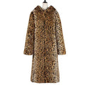 Wholesale Women's Luxury Faux Fur Long Hooded Leopard Print Coat with Button Detail Cotton Blend