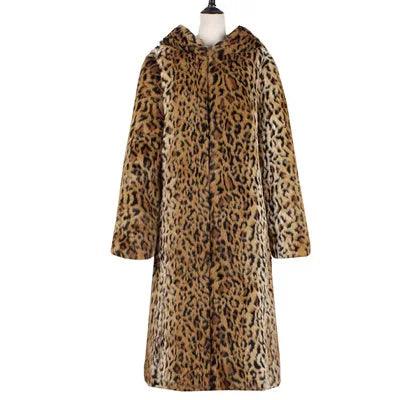 Wholesale Women's Luxury Faux Fur Long Hooded Leopard Print Coat with Button Detail Cotton Blend