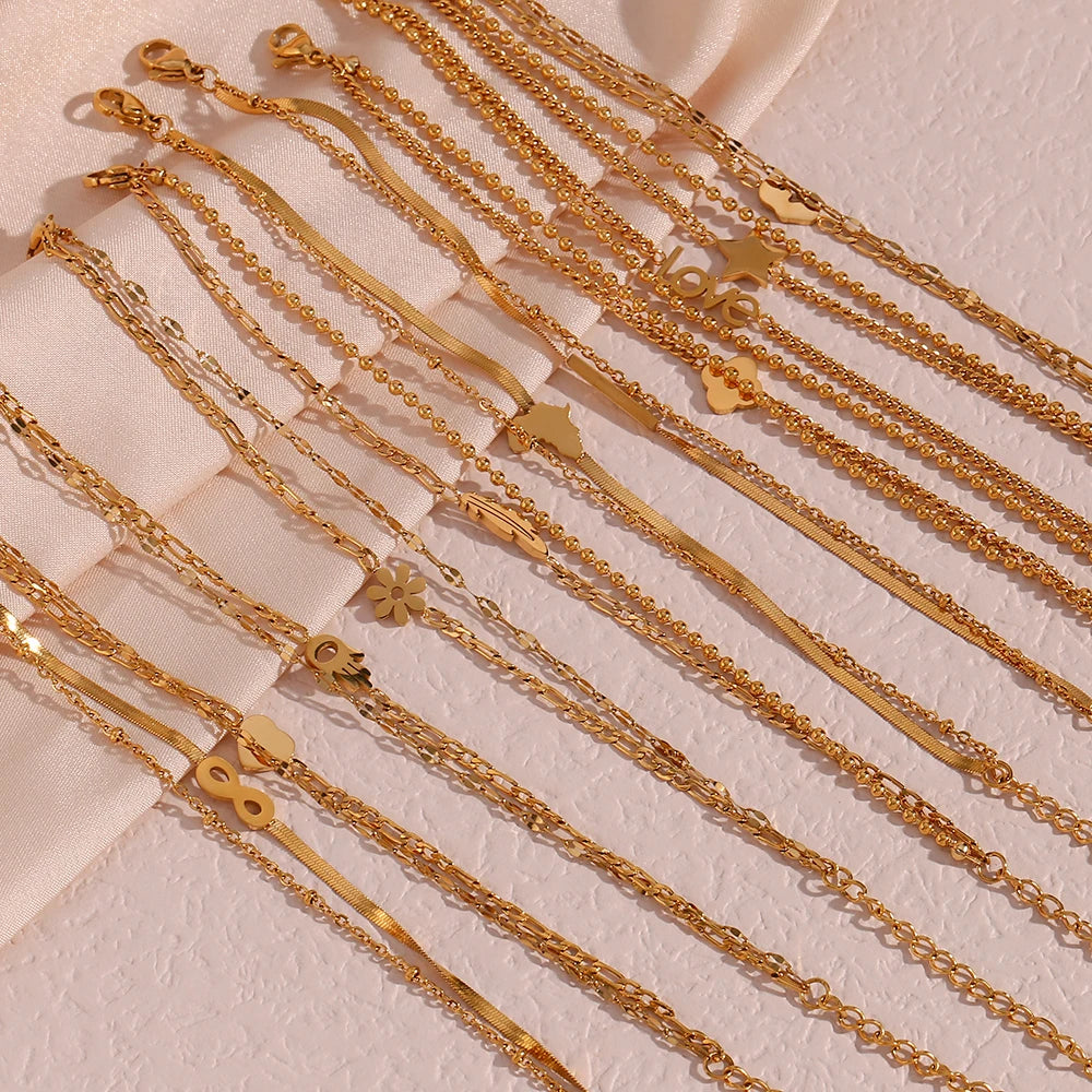 18K Gold Plated Geometric Double Layer Chain Bracelet Star Flower Heart Love Leaf Stainless Steel Snake Bead Snake Chain Bangle
