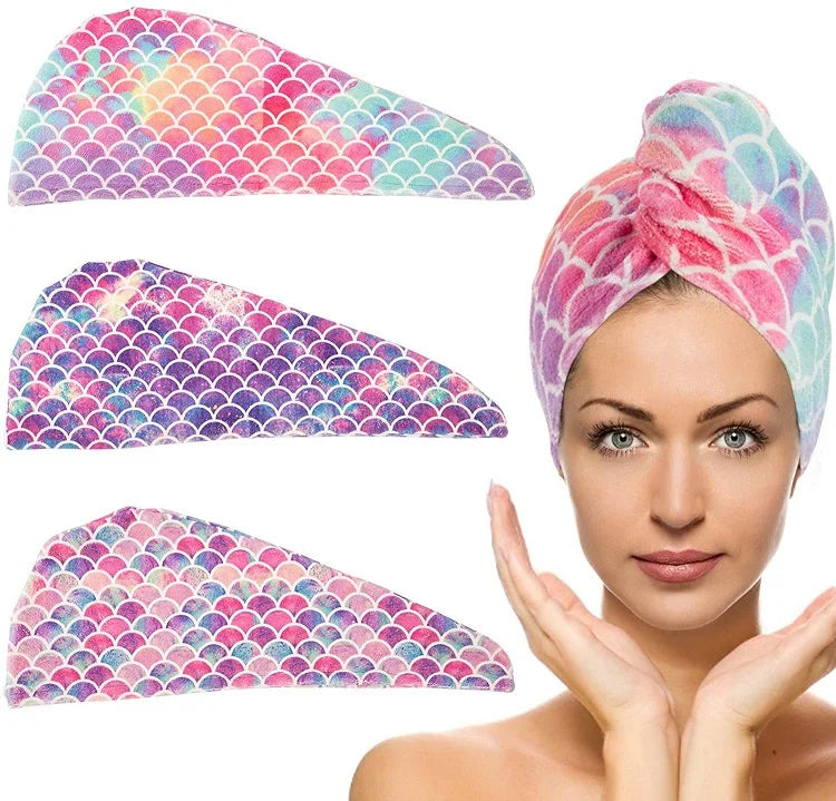 2024 Wholesale Fish Scale Pattern Quick Dry Hair Wrap Cap Mermaid Microfiber Hair Drying Towel Wrap with Buttons Cap