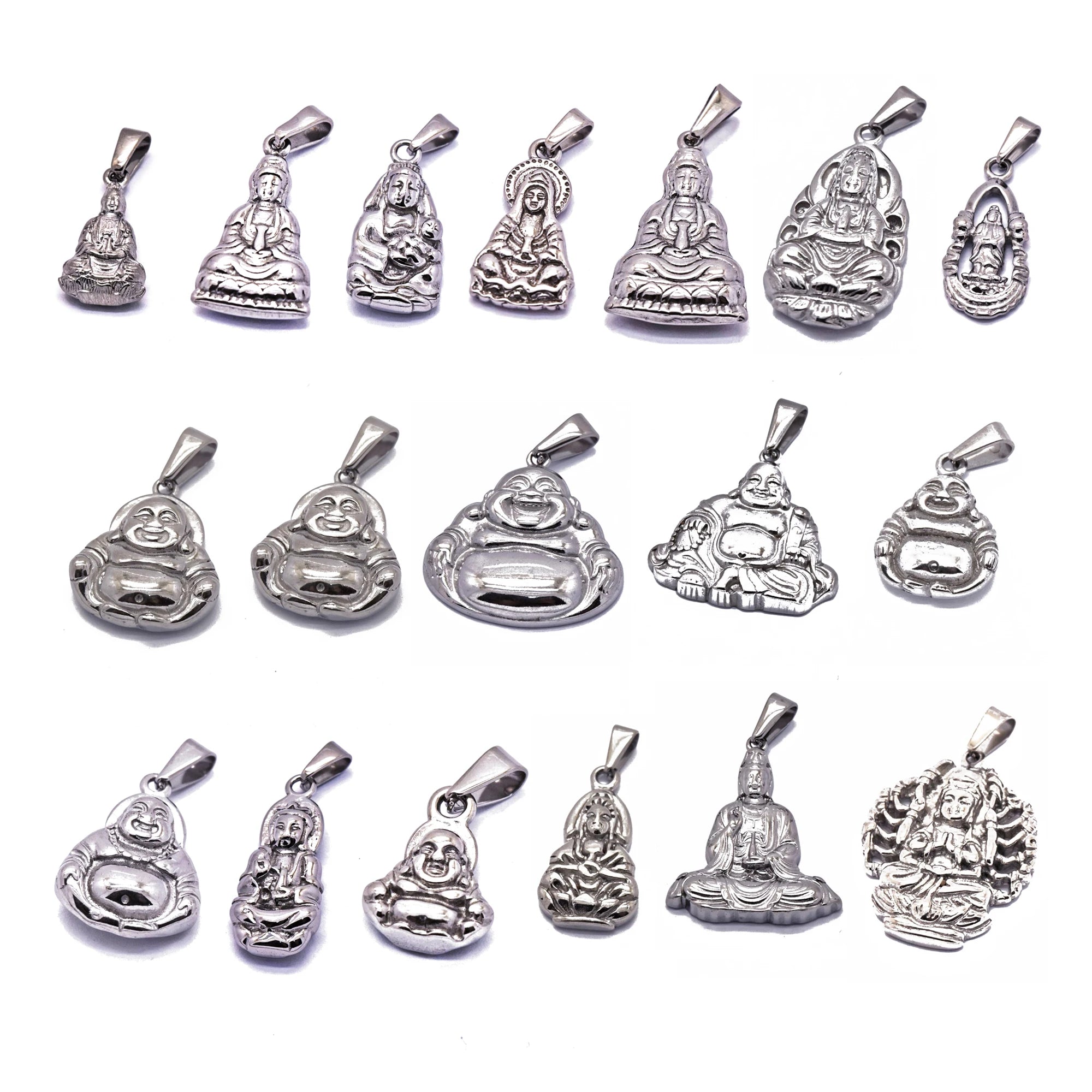 Gold Laughing Maitreya Buddha Pendant for Men Women Stainless Steel Chinese Religion Lucky Guan Yin Godness of Mercy Pendant