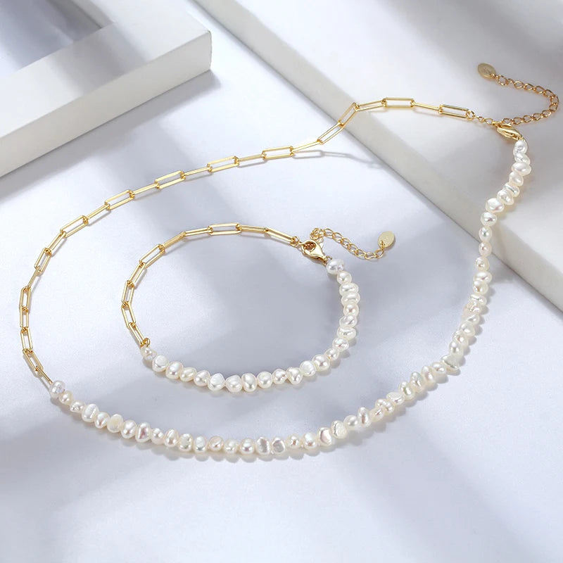 2021 NEW INS 925 Sterling Silver Natural Fresh Water Pearl Paper Clip Pearl Vintage Chunky Link Chain Bracelet Necklace Jewelry