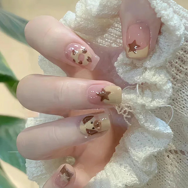 Short Square False Nail Tips Beige Brown Color Cute Puppy Star Doughnut Finger Pre-designed Wearable Full Cover Press on Nails