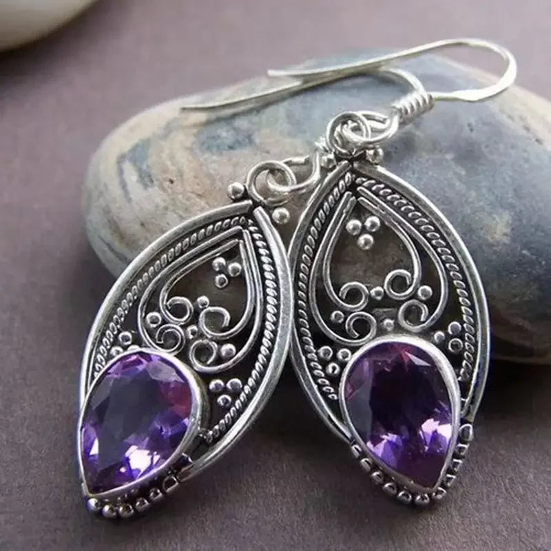 CAOSHI Vintage Style Water Drop Design Purple Crystal Marquise Shaped Hollow Earrings for Women Silver Plated Drop Earrings OEM