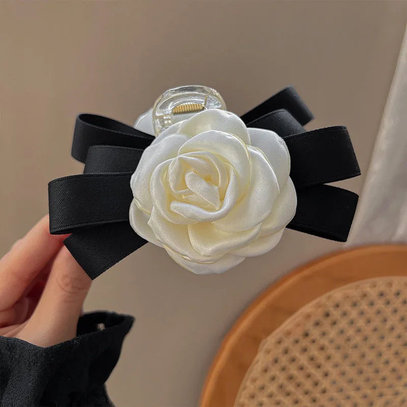 Elegant Vintage Solid Color Camellia Shark Clip Women Hair Accessory Handmade Fabric Cover Flower Hair Claw