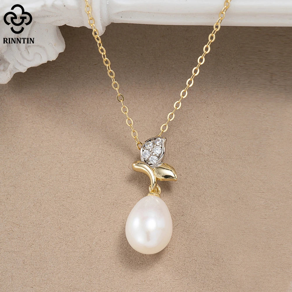 RINNTIN SGPN43 2023 Elegant Freshwater Pearl 925 Sterling Silver Pendants Necklace 14k Gold Plated for Women