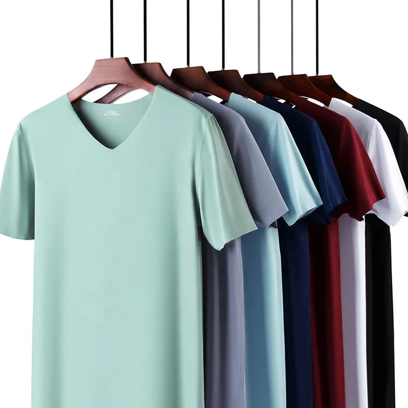 Summer Plus Size Men's T-Shirts Men's Seamless Short V-Neck Milk Silk Men T Shirt