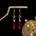 Retro Chinese Wind Auspicious Cloud Earrings Elegant Ancient Red Green Gemstone Water Drop Pendant Earrings for Women