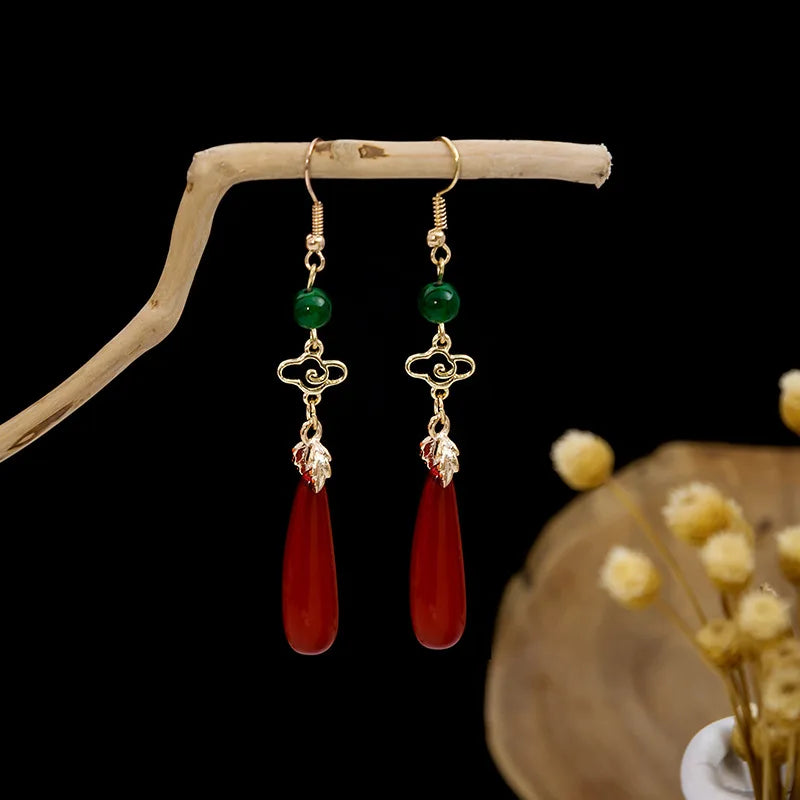 Retro Chinese Wind Auspicious Cloud Earrings Elegant Ancient Red Green Gemstone Water Drop Pendant Earrings for Women