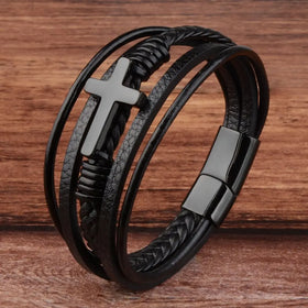 DAIHE Fashion Vintage Leather Bracelet for Men Hip Hop Punk Style Cross Multilayer Woven Magnetic Clasp Bangle
