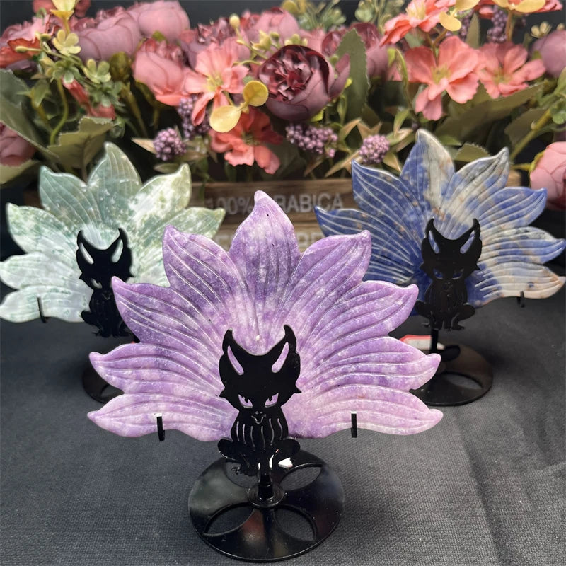 Hand Carved Crystal Nine tails fox Amazonite Nine fox Carving Lepidolite Animals for Gifts