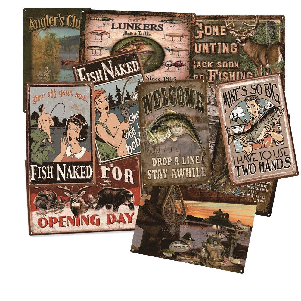 Vintage Retro Metal Tin Sign Fish and Hunting Fishing Sign Home Wall Decor SH007