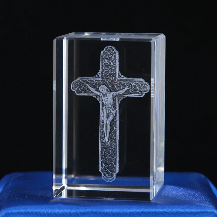 Wholesale Custom Jesus Cross Crystal Catholic Religious Block Laser Engraving Folk Art Transparent Crystal Cube