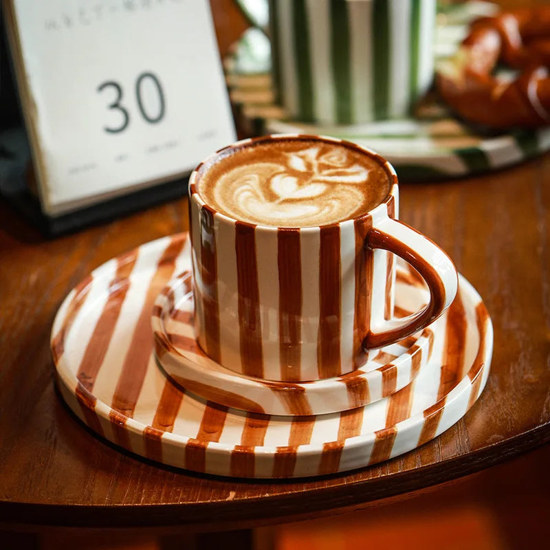 Wholesale Ins Korea Retro Hand Painted Strip Ceramic Coffee Mug with Saucer Creative Dessert Salad Plate