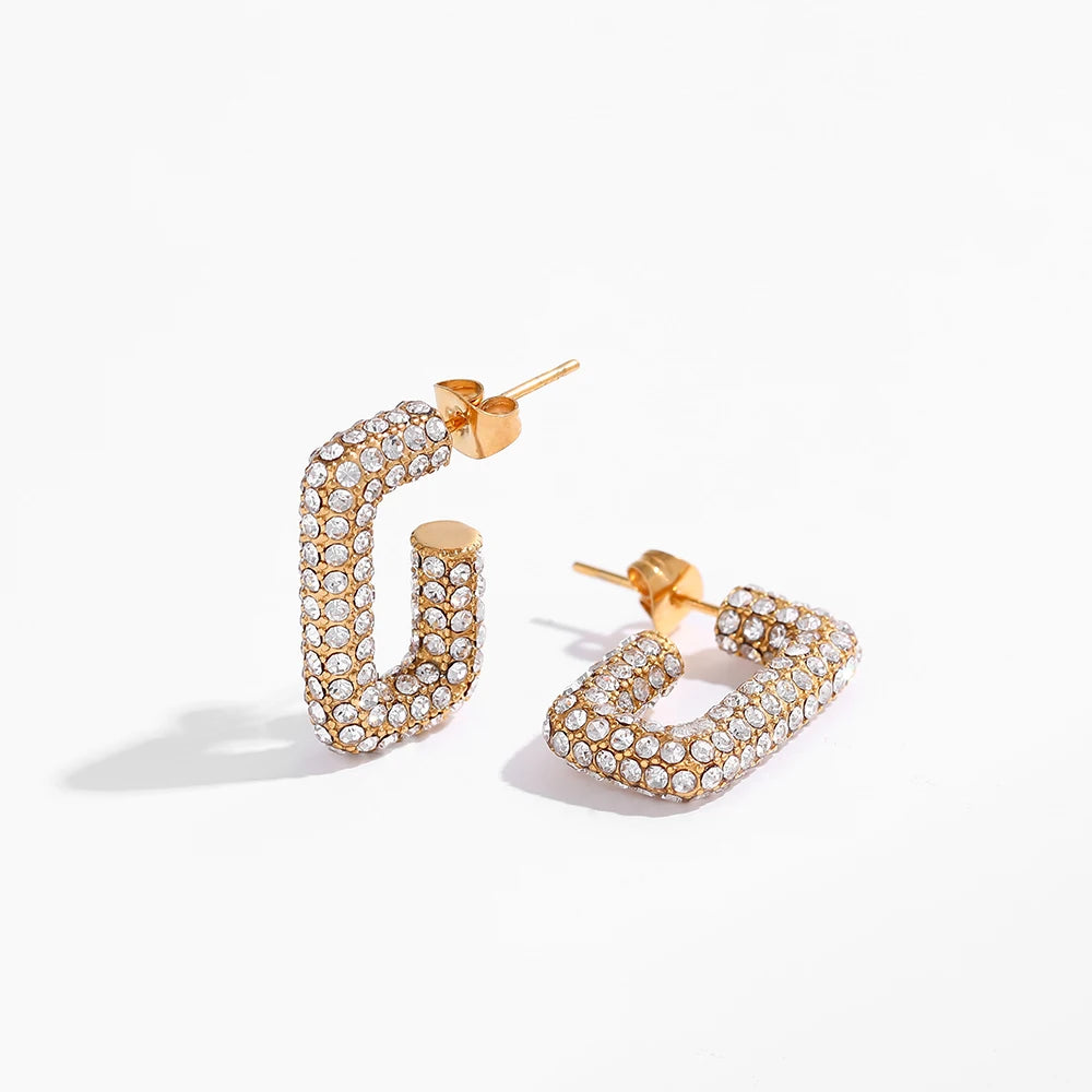 Trendy Earring Bling 18K Gold Plated Tarnish Free Micro CZ Pave Gemstone  Rectangle Luxury  Hoop Earrings Fashion Jewelry