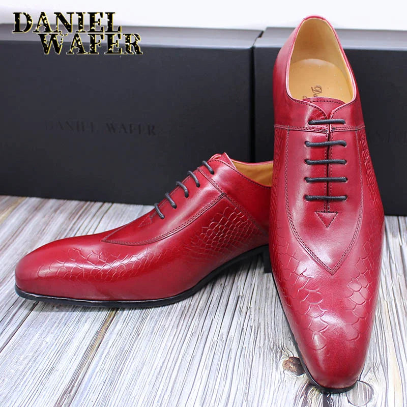 Fish Pattern Lace-up Genuine Leather Dress Shoes & Oxford Men Shoes for Wedding Party Business Office
