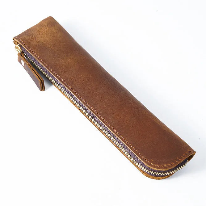 AIGUONIU Handmade Crazy Horse Genuine Leather Pen Holder Zipper Pencil Bag Pouch Vintage Pencil Case Custom Logo School Office