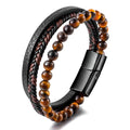 Volcanic Natural Stone Bracelet With Stone Tiger Eye Beads Stainless Steel Braided Leather Men Western Bracelets