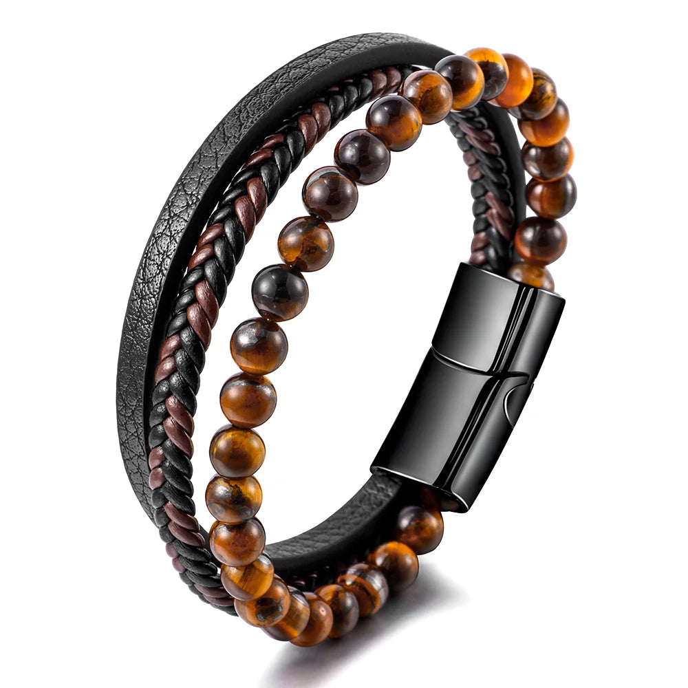 Volcanic Natural Stone Bracelet With Stone Tiger Eye Beads Stainless Steel Braided Leather Men Western Bracelets