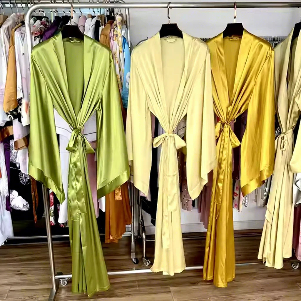 Manufacture Luxury Women's Silk Robes Smooth Elegant Satin Nightgown with Wide Sleeve 140cm Length Sexy Bridal Robe Wholesale