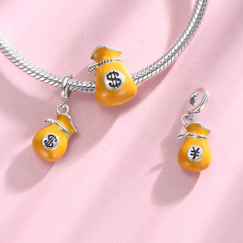Real 925 Sterling Silver Gold Enamel Money Bag Lucky Beads Charms DIY Fashion Pendant for Bracelet Women Jewelry Making Bulk
