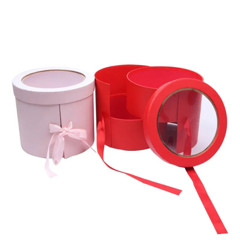 Luxury Gift Box Round Double Layer Rotating Flower Packaging Box Wedding Companion with PVC Window