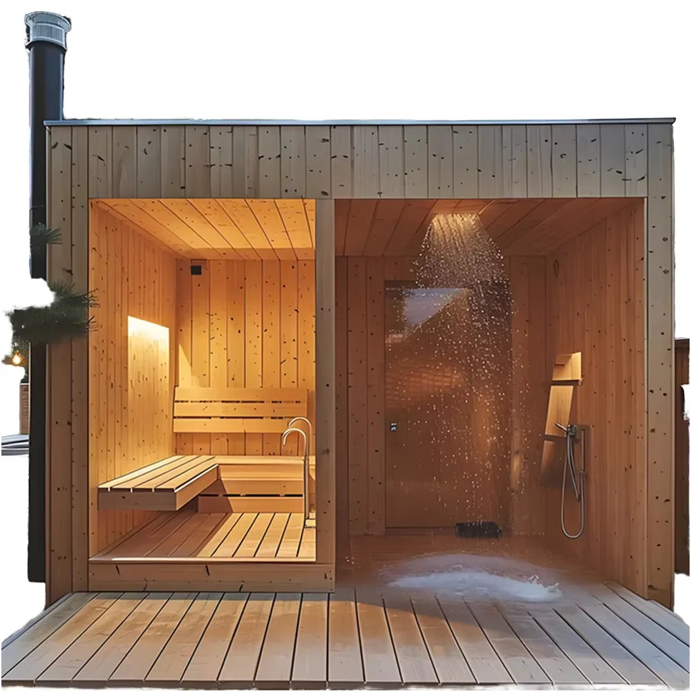3-Person Electric Dry Wet Steam and Full Spectrum Far Infrared Sauna Outdoor Wooden Cabin for Villa for Relaxation and Bathing