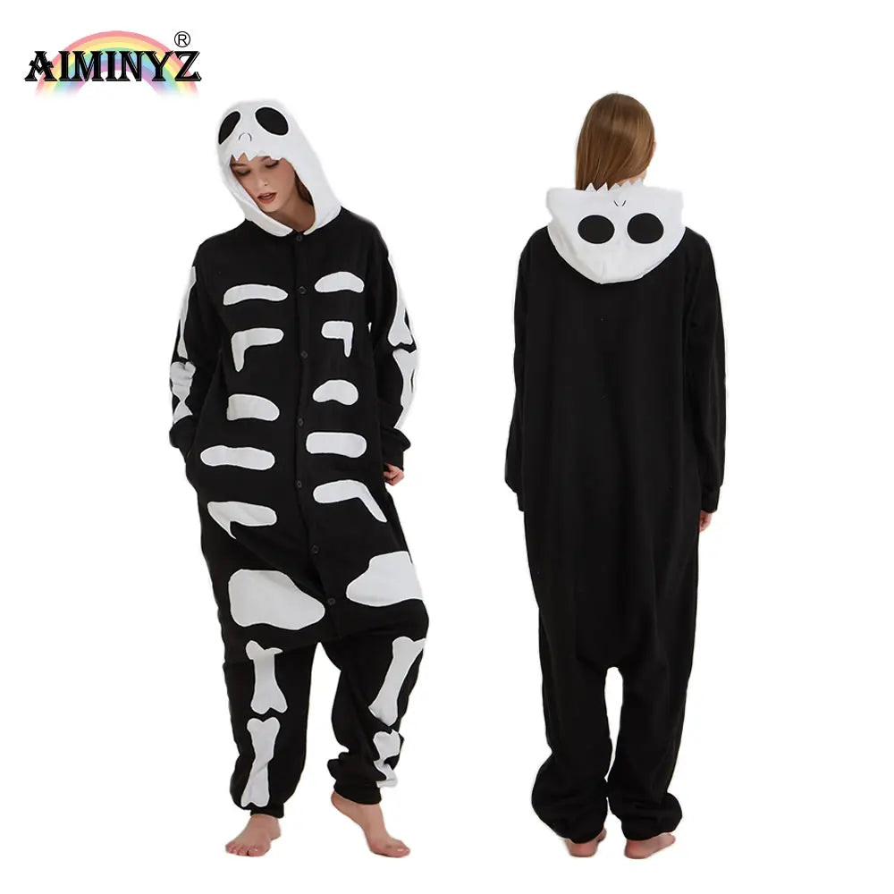 For Plus Size Thermal Winter Polar Fleece Hoodie Pajamas Women Animal Jack Skellington Black Adult Onesie