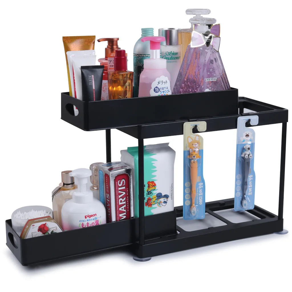 Factory Custom Wholesale Double Tier Sliding Cabinet Pull Basket Drawers Multi-Purpose Spice Storage Sink Organizer Rewood SR-02