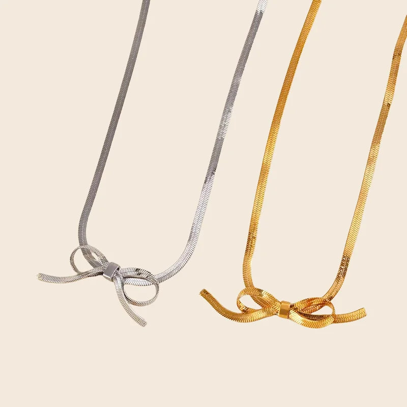 Trendy Herringbone Bow Necklace 18K Gold Plated Stainless Steel Choker Bow Knot Snake Chain for Women Anniversary