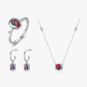 925 Sterling Silver Oval Cut Rainbow Color Zirconia Stunning Ring C Hoop Drop Earrings Necklace Pendant for Women Jewelry Sets