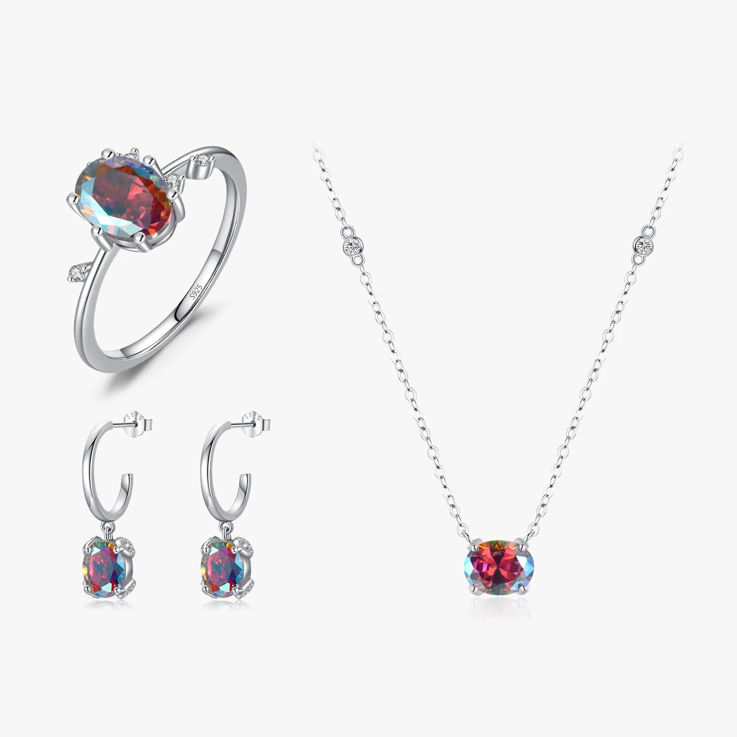 925 Sterling Silver Oval Cut Rainbow Color Zirconia Stunning Ring C Hoop Drop Earrings Necklace Pendant for Women Jewelry Sets