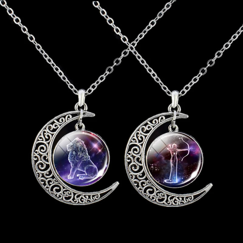 12 Zodiac Signs Glass Dome Crescent Moon Necklace Fashion Jewelry for Women Aries Taurus Gemini Cancer Aquarius Pisces Necklace