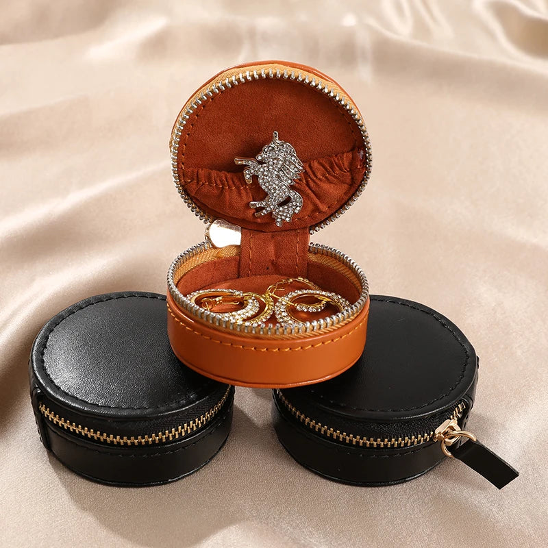 Custom Logo Leather Velvet Jewellery Storage Box Jewelry Organizer Portable Small Round Case Travel Jewelry Box