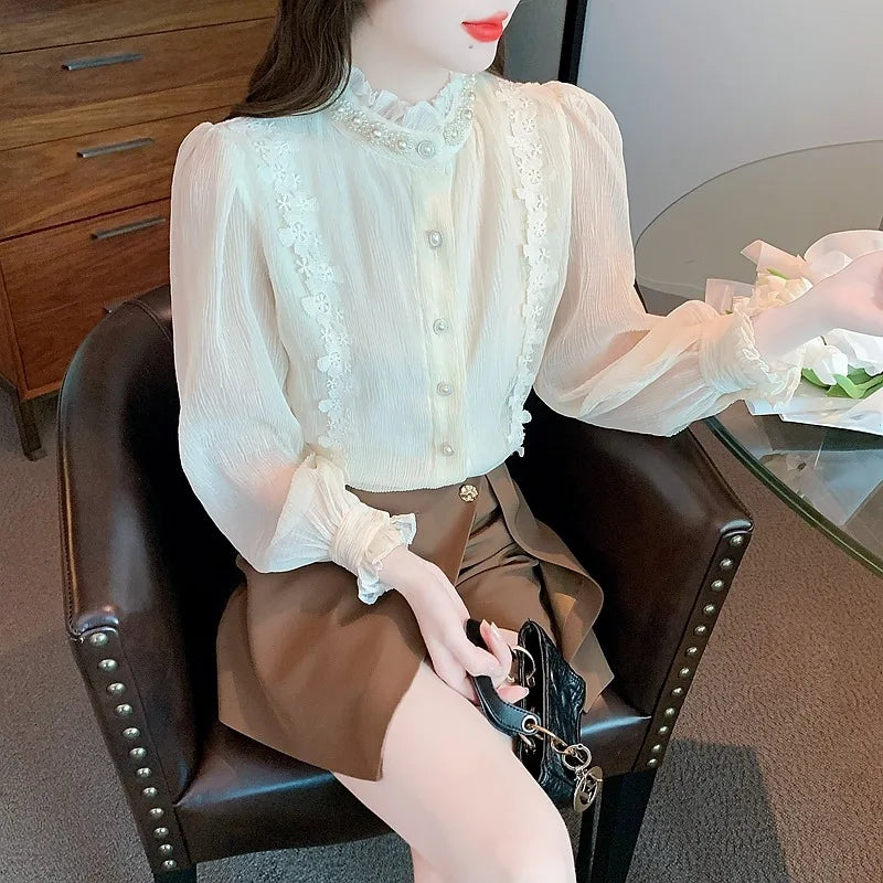Office Lady Ruffled Blouse Female Shirt Tops Long Sleeve Casual Korean OL Style Loose Blouses With Pearl 1136#
