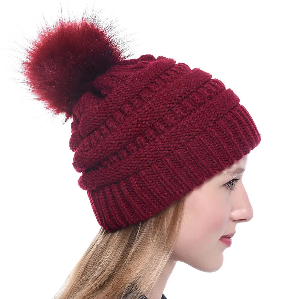 Winter Fashion Soft Warm Chunky Knit Slouchy Baggy Women Beanie Hat Girls Cap With Faux Fur Pom Pom