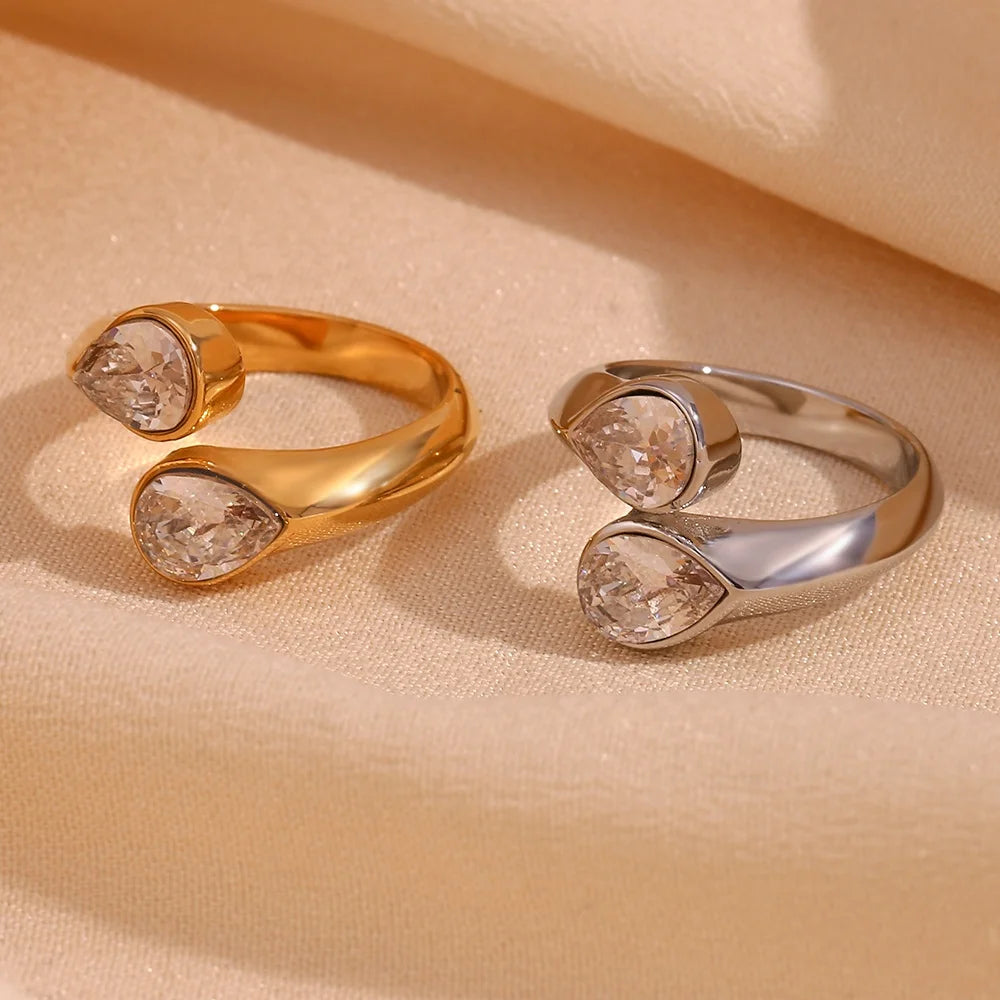 Shining Zircon Water Drop Open Ring 18k Gold Plated Stainless Steel Jewelry Engagement Stacking Ring