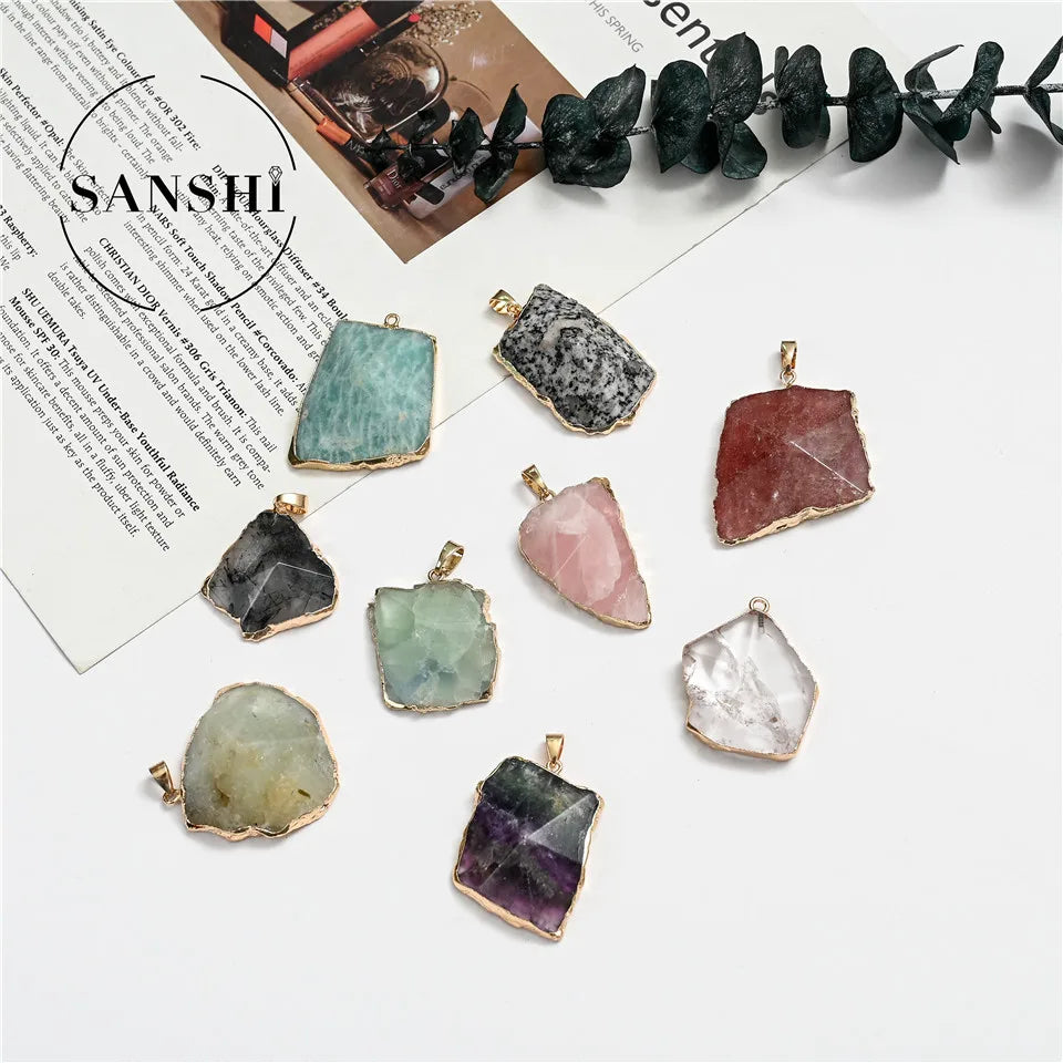 New Style Multicolor Plane Angle Irregular Shape Natural Stone Agate Pendant Plating Gold Pendant