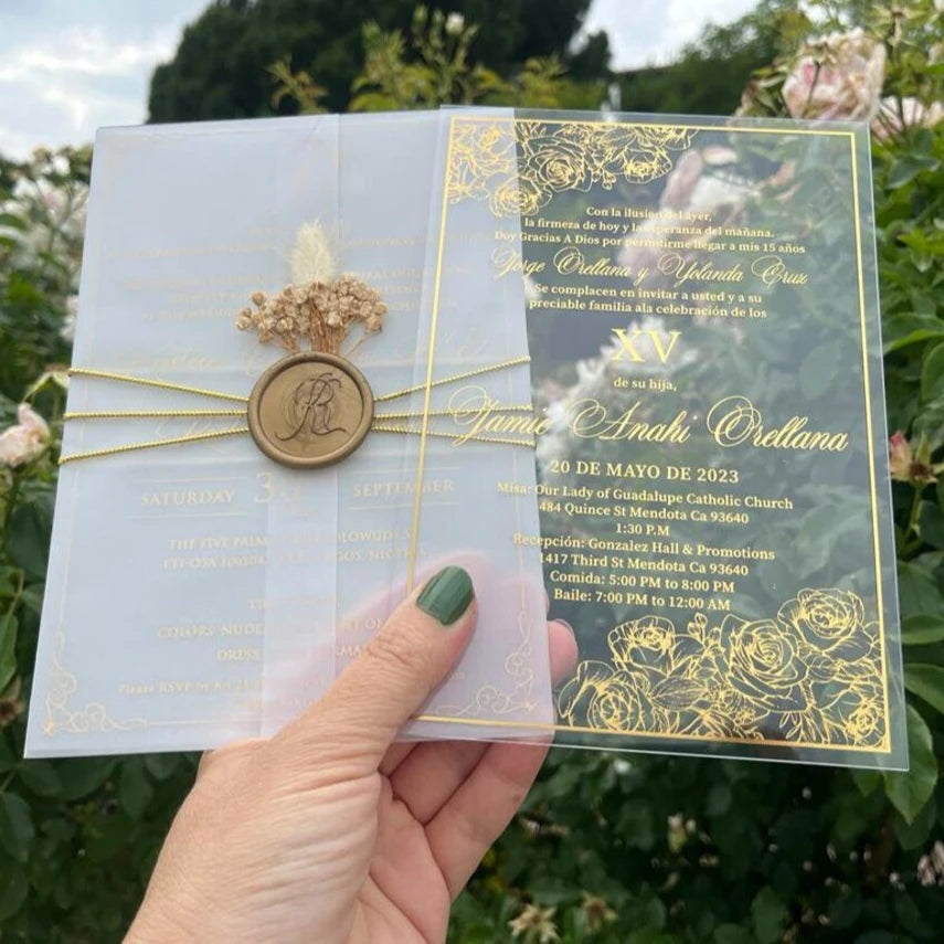 Luxury Vellum Paper Wraps Gold Foil Wedding Invitation Card Personalized Custom Mariage Invitaciones De Boda