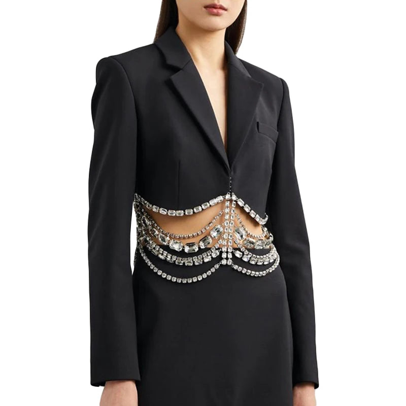 TWOTWINSTYLE Casual Slim Blazer with Notched Long Sleeves Patchwork Chain Fashionable Autumn Temperament Women Jacket
