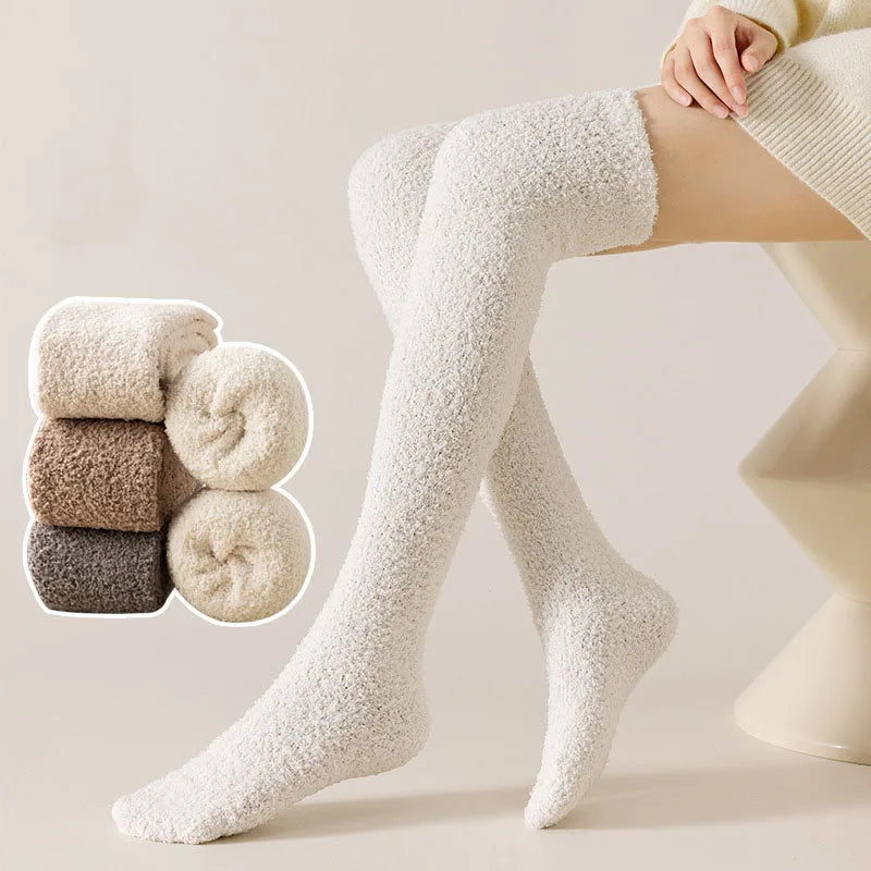 Winter Warm Coral Fleece Over-knee High Socks for Women Plush Home Sleep Floor Long Socking Jk Solid Soft Thigh High Fun Sock