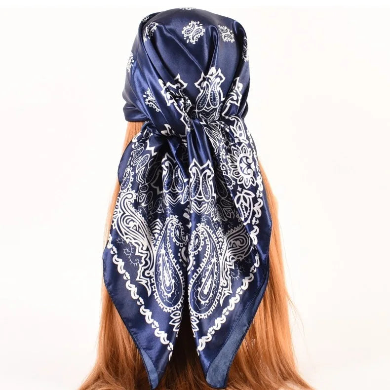 Wholesale 35" Large Satin HeadScarf Paisley Bandanas Turban Ethnic Hijab for Women Silky Polyester Square Bandana for Outdoor