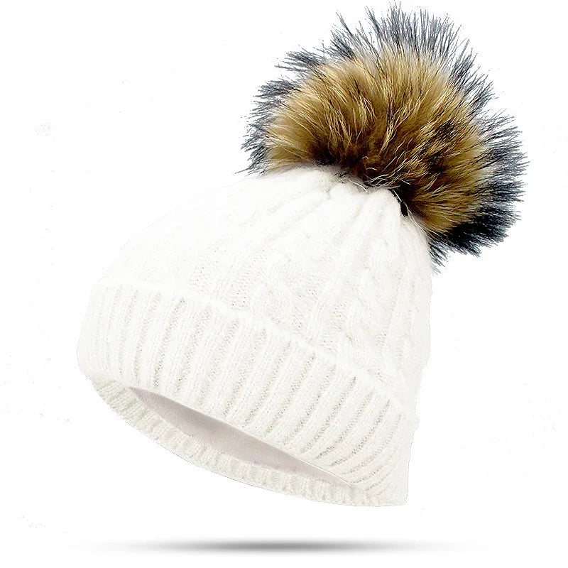 2025 Fashion New Women Winter Bonnet Soft Thick Fleece Lined Dual Layer Knitted Beanie With True Raccoon Fur Pom Pom Hats