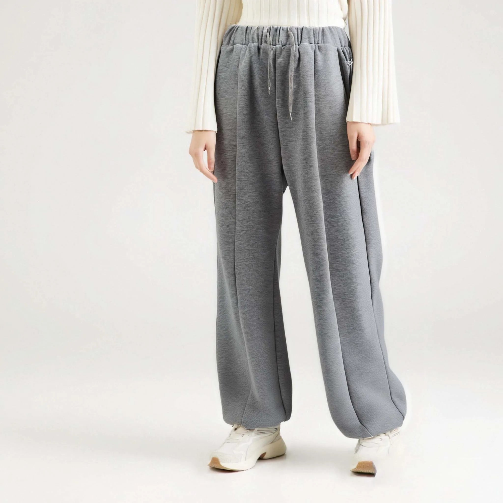 Baggy Sweatpants Women's Elegant Light Grey Wide-leg Pants Loose Fit Casual Style Winter Drawstring Wide Leg Sweatpants