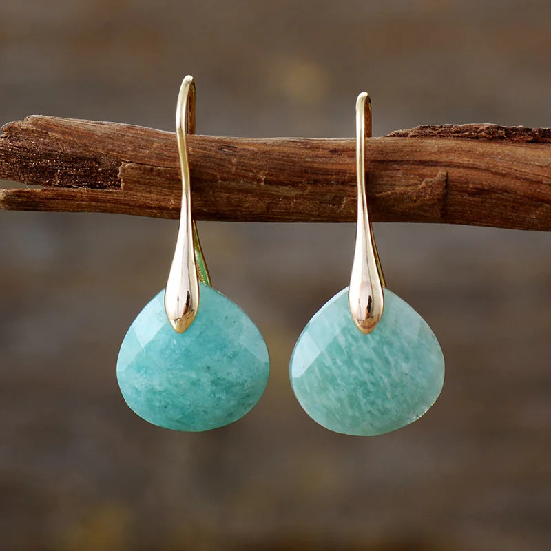 Gold Silver Plated Natural Stone Lapis Luzuli Boho Teardrop Crystal Hoop Drop Earrings Woman Luxury Designer Minimalist Jewelry