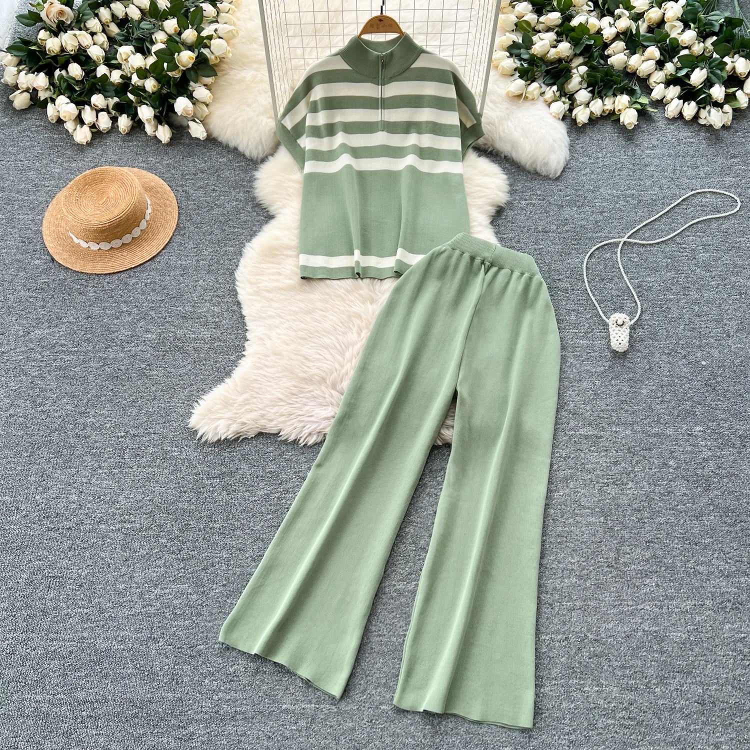 Bohemian Summer Seaside Vacation Two-Piece Set: Knitted Halterneck Top with Tassels & High-Waisted Hollow-Out Long Trousers